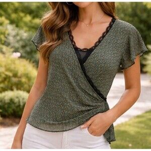 Emma James NEW Petite Blouse Top Women's 12 Romantic Lacey Green Brown Faux Wrap